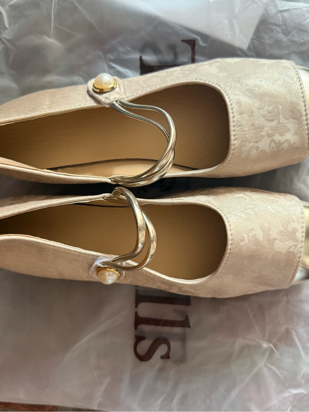 Cream Jacquard Mary Jane Flats with Pearl-Trim Strap